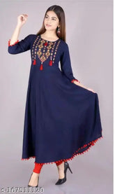 Rayon embroidered blue kurti with three-quarter sleeves, 4 LATKAN design, size options for various bust measurements